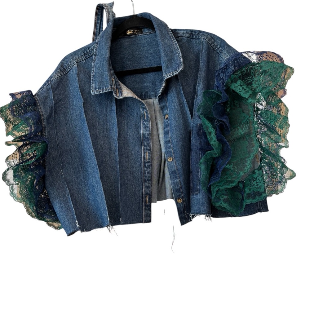 Denim  pleated Crop Jacket with Green and Navy  Lace Ruffle Sleeves